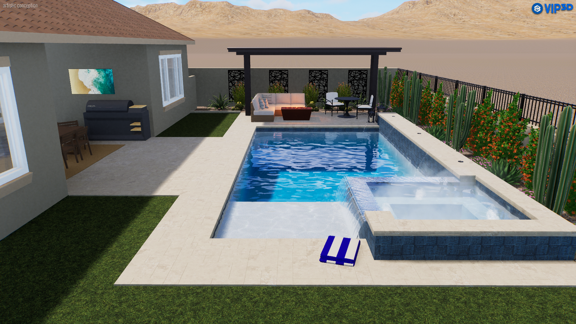 3D rendering of a modern Arizona backyard with pool, spa, pergola, and outdoor kitchen